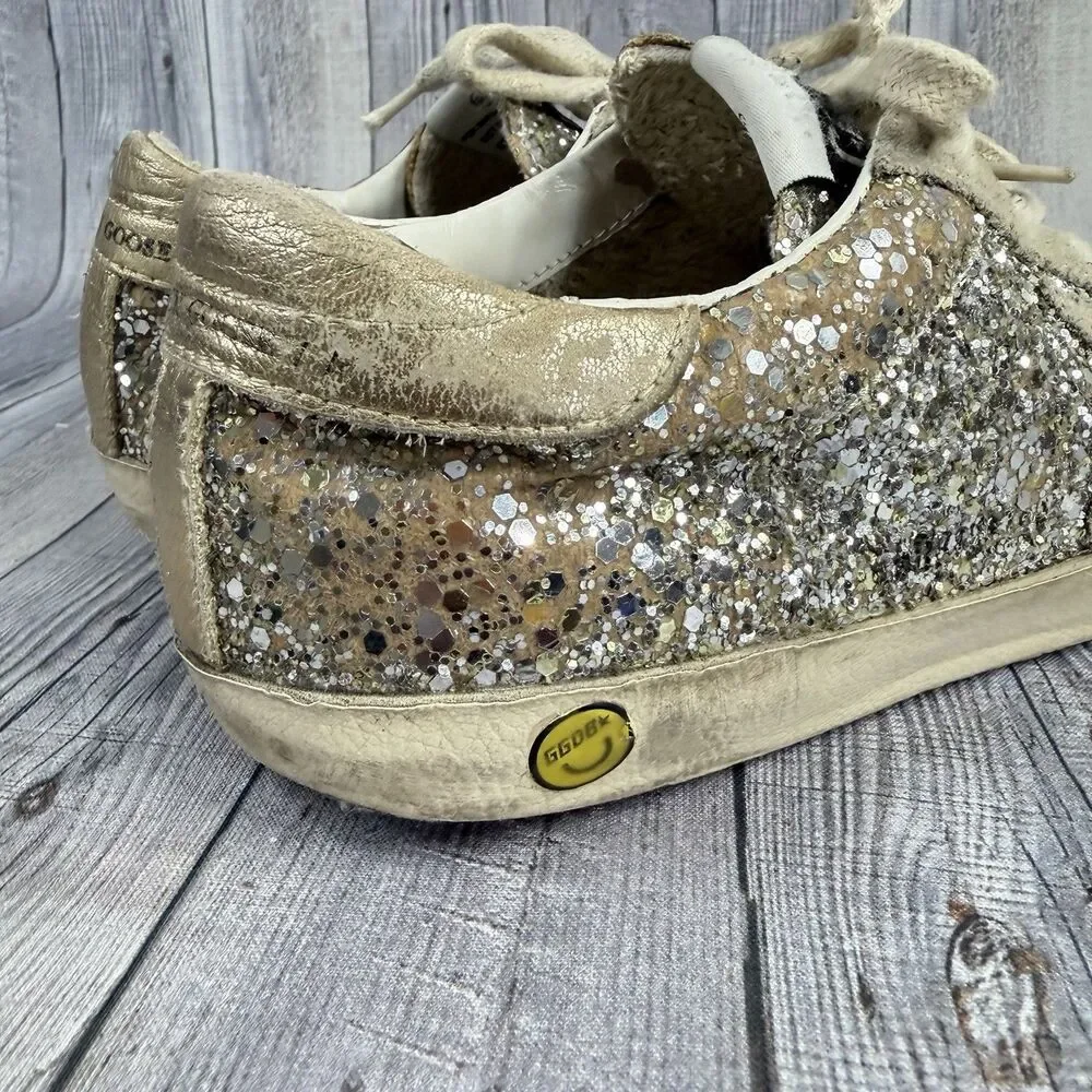 Golden Goose Super-Star Girls Size 1.5Y EUR 34 Silver Glitter Shoes Sneakers